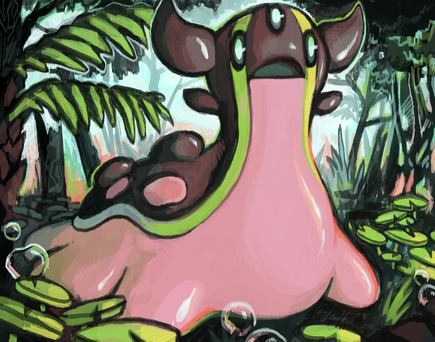 bubble doubledunked facial_mark foliage forehead_mark forest frown full_body game_freak gastrodon gastrodon_(west) gen_4_pokemon highres lily_pad nature nintendo no_humans open_mouth pokemon pokemon_(creature) pokemon_focus sea_slug slug solo