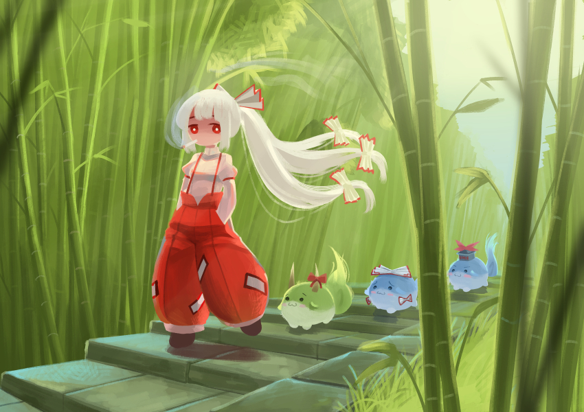 :3 absurdres bamboo bamboo_forest black_eyes blue_eyes blush_stickers bow cigarette day ex-keine following forest fujiwara_no_mokou hair_bow hakutaku hands_in_pockets hat highres horn_bow horn_ornament horns kamishirasawa_keine leaf long_hair long_sleeves nature pants red_eyes red_pants red_suspenders shadow shirt smoking solid_circle_eyes stairs sukusuku_hakutaku suspenders sweet_reverie touhou very_long_hair walking white_hair white_shirt