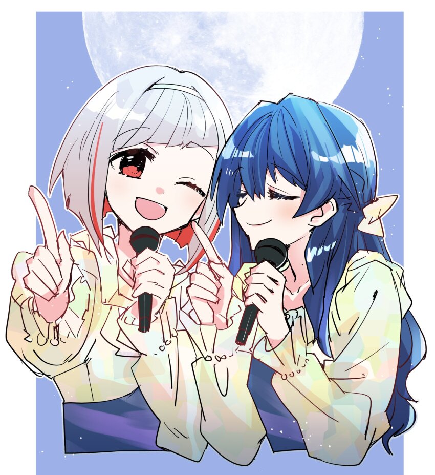 2girls 2nd_live_tour_~blooming_with_ooo~ ;d blue_dress bob_cut border braid collarbone colored_inner_hair commentary_request cropped_torso diagonal_bangs dollchestra dress full_moon green_dress grey_hair half_up_braid half_updo highres holding holding_microphone index_finger_raised inverted_bob kanduki_kamibukuro link!_like!_love_live! long_hair long_sleeves love_live! microphone mole mole_on_neck moon multicolored_dress multicolored_hair multiple_girls murano_sayaka night official_alternate_costume one_eye_closed open_mouth outside_border red_eyes red_hair short_hair smile tsubasa_la_liberte two-tone_dress virtual_youtuber white_border yugiri_tsuzuri