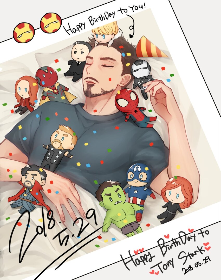 1boy animification arrow_(symbol) avengers_(series) bed black_widow blanket brown_hair captain_america character_doll closed_eyes commentary_request confetti dated doctor_strange doll english_text facial_hair fingernails grey_shirt hand_up happy_birthday highres hulk iron_man korean_commentary lying male_focus marvel marvel_cinematic_universe natasha_romanoff on_back on_bed open_mouth pepper_potts pillow scarlet_witch shirt short_hair short_sleeves sindoiyodousiyo sleeping solo spider-man steve_rogers t-shirt thor_(marvel) tony_stark vision_(marvel) wanda_maximoff war_machine