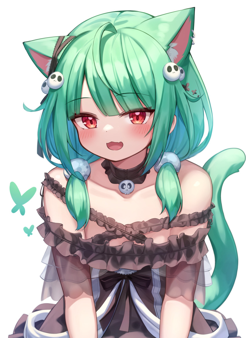 1girl :3 :d animal_ears bare_shoulders black_choker black_dress blush bug butterfly cat_ears cat_girl cat_tail choker collarbone commentary_request dress ear_piercing extra_ears frilled_dress frills green_hair hair_bobbles hair_ornament hair_over_shoulder highres hololive insect long_hair looking_at_viewer low_twintails off-shoulder_dress off_shoulder open_mouth piercing red_eyes see-through_clothes simple_background skull_hair_ornament smile solo tail twintails upper_body uruha_rushia uruha_rushia_(3rd_costume) verdey virtual_youtuber white_background