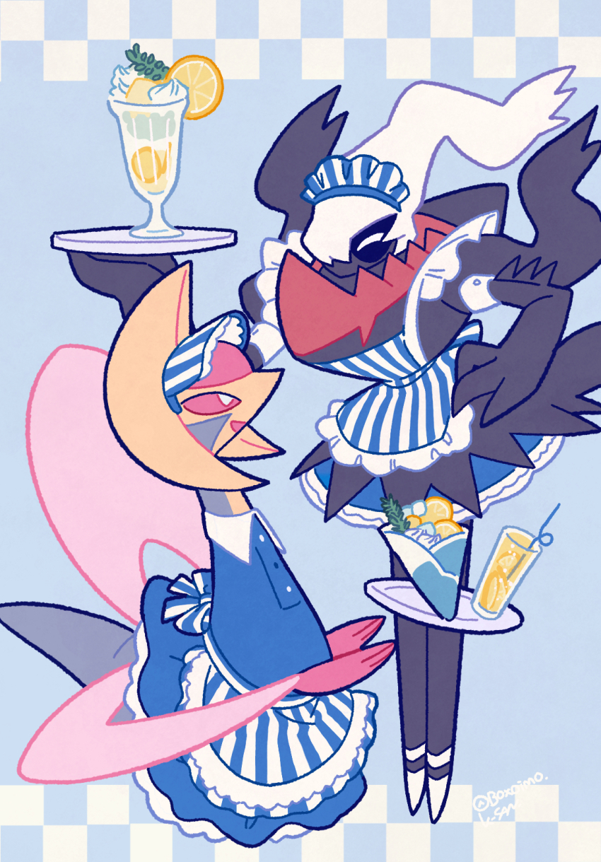 apron bendy_straw boxoimo bright_pupils closed_eyes colored_sclera commentary_request crepe cresselia darkrai drinking_straw food fruit full_body gen_4_pokemon hand_on_own_hip highres holding holding_tray legendary_pokemon maid maid_apron maid_headdress mythical_pokemon nintendo no_humans orange_(fruit) orange_slice parfait partial_commentary pink_sclera pokemon pokemon_(creature) striped_apron striped_clothes telekinesis tray twitter_username variant_set white_footwear white_pupils