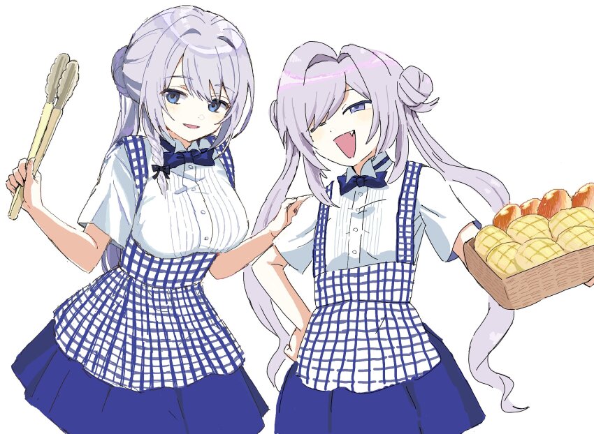 2girls ;d alternate_costume artist_collaboration blue_eyes blue_skirt boyano bread breasts collared_shirt commentary_request double_bun fang flat_chest food grey_hair hair_bun hair_intakes hand_on_own_hip highres holding holding_tongs kojima_terashi large_breasts long_hair looking_at_viewer magia_record:_mahou_shoujo_madoka_magica_gaiden mahou_shoujo_madoka_magica matching_outfits melon_bread multiple_girls one_eye_closed open_mouth shirt sidelocks simple_background skirt smile standing tongs twintails white_background white_shirt yakumo_mikage yakumo_mitama