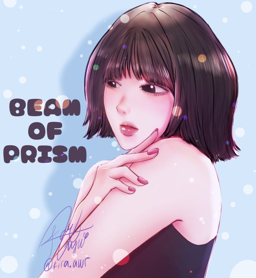 1girl album_name blue_background bob_cut brown_hair closed_mouth commentary english_commentary eunha_(gfriend) gfriend highres k-pop kira_awr looking_to_the_side makeup mascara pink_lips pink_nails real_life shadow short_hair signature sleeveless solo twitter_username upper_body viviz