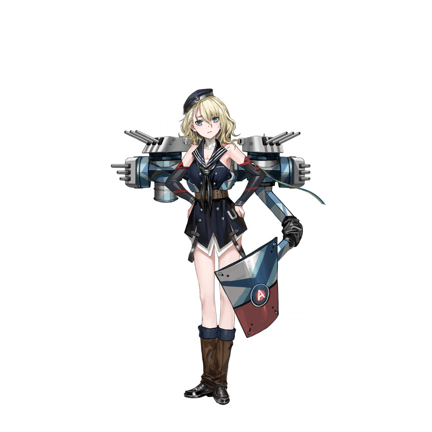 1girl artist_request belt beret black_sailor_collar black_shoes blonde_hair blue_dress blue_eyes blue_hat brown_belt buttons closed_mouth detached_sleeves double-breasted dress frown gaiters hair_between_eyes hands_on_own_hips hat highres looking_at_viewer military_rank_insignia montpelier_(warship_girls_r) official_art rigging sailor_collar shoes short_hair solo transparent_background warship_girls_r