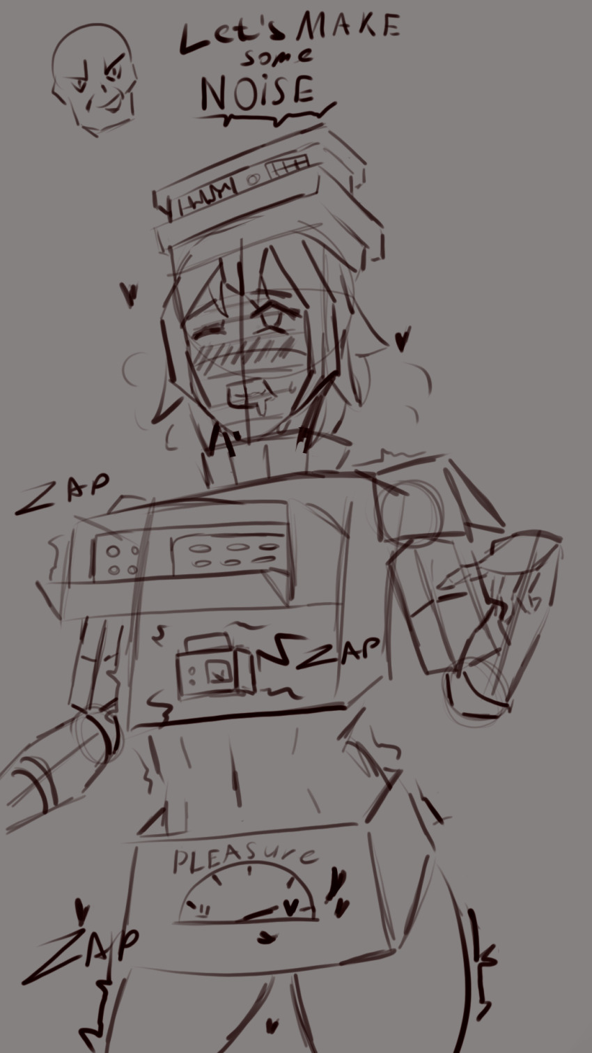belly blush buttons dispenser_(tf2) drooling electricity heart highres mechanical_arms one_eye_closed orgasm robot sketch spy_(tf2) steam sweat team_fortress_2 trembling trembling_legs
