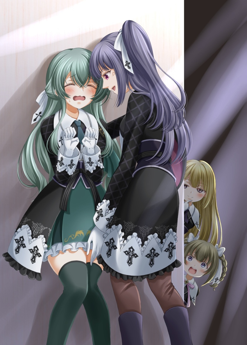 4girls against_wall anger_vein aqua_necktie assault_lily asymmetrical_clothes black_jacket blonde_hair blue_eyes blush boots bow braid brown_hair brown_pantyhose clenched_hands closed_eyes commentary_request commission cross crossed_bangs facing_another feet_out_of_frame finger_to_own_chin frilled_skirt frilled_sleeves frills fukuyama_jeanne_sachie gloves green_hair green_skirt green_theme grey_hair hair_bow hands_up highres jacket kabedon kishimoto_lucia_raimu knee_boots knees_together_feet_apart latin_cross long_hair long_sleeves looking_at_another miyagawa_takane multiple_girls neck_ribbon necktie official_alternate_costume open_mouth pantyhose peeking_out pink_eyes pink_ribbon print_bow print_jacket profile purple_eyes raised_eyebrows ribbon shadow short_hair short_necktie sidelocks skeb_commission skirt standing sunlight sweatdrop teeth toki_kureha tsutsuo_rashin twin_braids twintails upper_teeth_only wavy_mouth white_bow white_gloves wide-eyed wide_sleeves yuri
