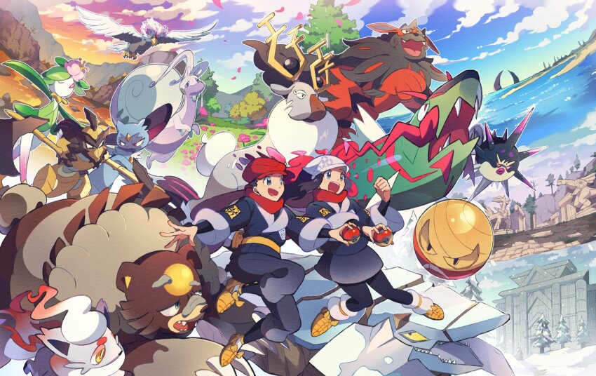 1boy 1girl :d akari_(pokemon) basculegion black_shirt clenched_hand cloud creatures_(company) falling_petals game_freak grass hashtag-only_commentary hat headscarf highres hisuian_arcanine hisuian_avalugg hisuian_braviary hisuian_electrode hisuian_goodra hisuian_lilligant hisuian_zorua holding holding_poke_ball jacket kleavor nintendo open_mouth outdoors overqwil pants pantyhose petals pillar poke_ball hisuian_poke_ball pokemon pokemon_(creature) pokemon_legends:_arceus red_hat red_scarf rei_(pokemon) scarf selyg15 shirt shoes sky smile sneasler tree ursaluna water white_headscarf wyrdeer yellow_shoes