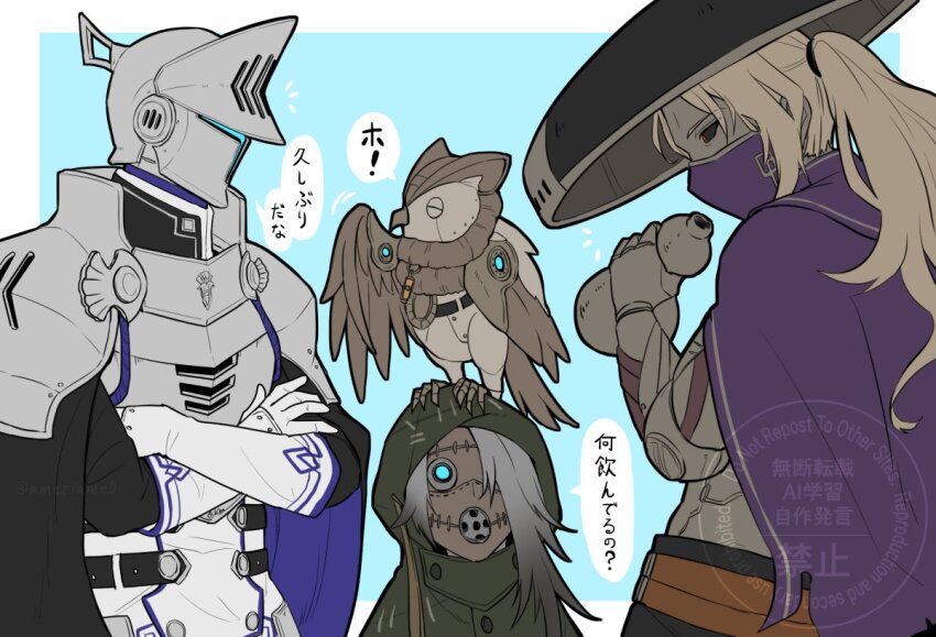 3boys amehiko_(amepiame0) android armor bird cape cloak commentary_request crossed_arms ender_lilies_quietus_of_the_knights ender_magnolia_bloom_in_the_mist gloves grey_hair hat lito_(ender_magnolia) long_hair looking_at_another mask multiple_boys muninn_(ender_magnolia) no.7_(ender_magnolia) owl ponytail reibolg_(ender_magnolia) translation_request watermark