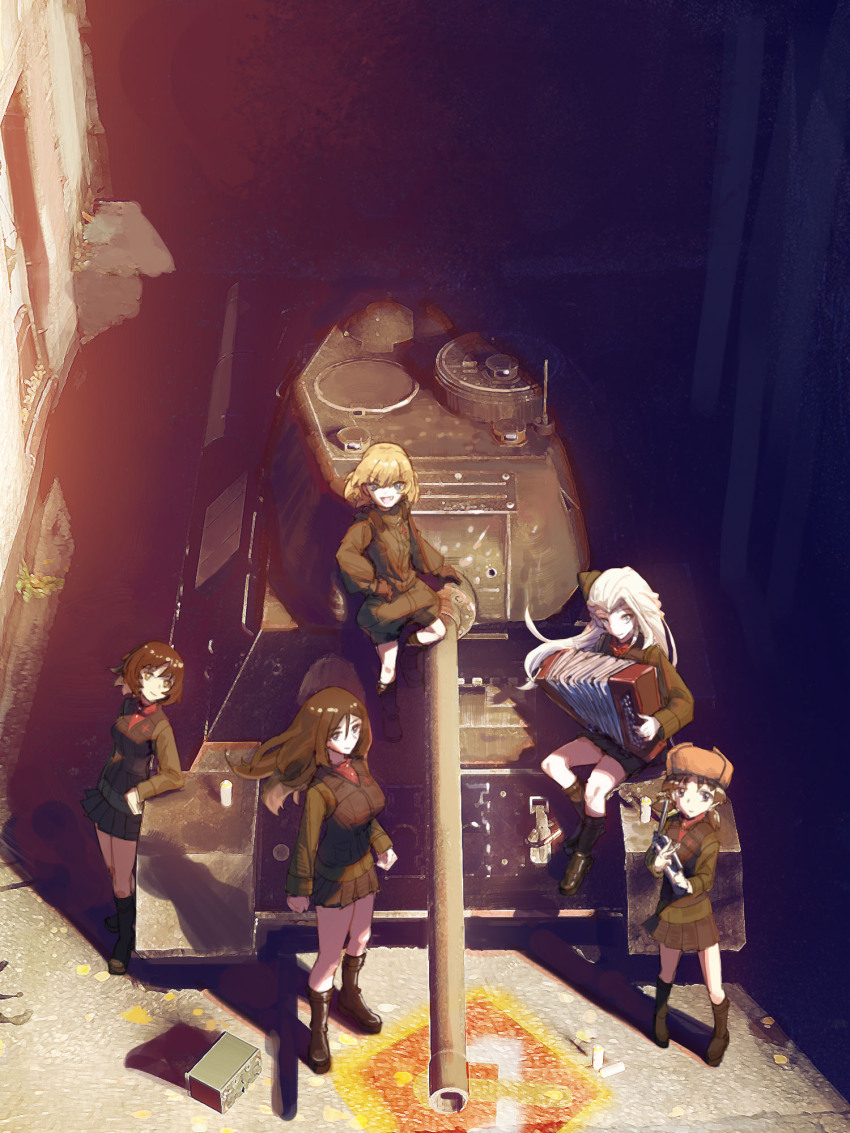 1girl 5girls accordion alina_(girls_und_panzer) ammunition_box black_footwear black_gloves black_hair black_skirt black_vest blonde_hair blue_eyes bob_cut boots brown_hair brown_hat chinese_commentary clara_(girls_und_panzer) closed_mouth commentary commentary_request emblem english_commentary fang fur_hat girls_und_panzer gloves green_jacket green_jumpsuit hand_on_own_hip hat highres instrument jacket jumpsuit katyusha_(girls_und_panzer) knee_up long_hair long_sleeves looking_at_viewer low_twintails military_uniform military_vehicle miniskirt mixed-language_commentary motor_vehicle multiple_girls music nina_(girls_und_panzer) nonna_(girls_und_panzer) open_mouth partial_commentary playing_instrument pleated_skirt pravda_(emblem) pravda_military_uniform red_shirt shadow shirt short_hair short_jumpsuit sitting skirt smile standing t-34 tank taru_kira textless_version turtleneck twintails ushanka vest wind