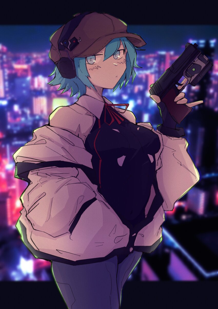1girl absurdres black_leotard blue_hair blurry blurry_background breasts brown_hat newsboy_cap cirno cirno_(cookie) city city_lights closed_mouth collared_leotard commentary_request cookie_(touhou) cosplay cowboy_shot cyberpunk_(series) cyberpunk_edgerunners earmuffs expressionless grey_eyes grey_pantyhose gun hair_between_eyes hand_in_pocket handgun hat highres holding holding_gun holding_weapon jacket jacket_partially_removed leotard looking_at_viewer lucy_(cyberpunk) lucy_(cyberpunk)_(cosplay) medium_breasts neck_ribbon pantyhose pistol ribbon short_hair solo tatamaru5382 touhou trigger_discipline weapon white_jacket