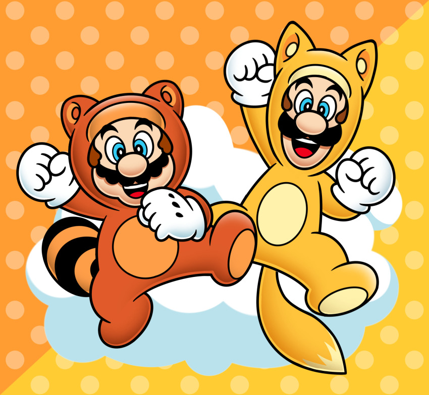 2boys animal_ears blue_eyes brothers bug facial_hair fly full_body gloves grin hand_up highres insect kitsune_luigi looking_at_viewer luigi mario mario_(series) multiple_boys mustache nintendo open_mouth raccoon_ears raccoon_mario raccoon_tail siblings smile super_mario_3d_land super_mario_bros._3 tail tanooki_mario
