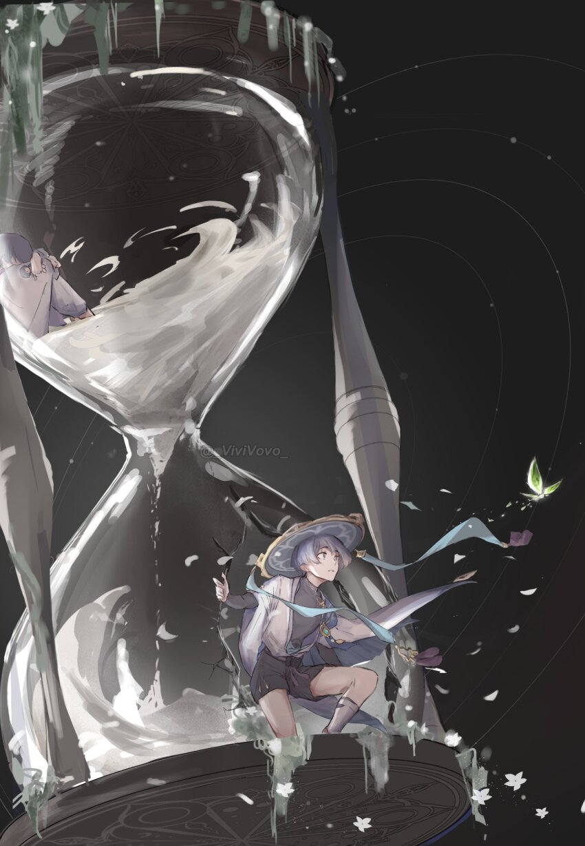 2boys aqua_gemstone arm_at_side black_bodysuit black_bow black_shorts blue_hat blue_kimono blunt_ends bodysuit bow broken_glass crystalfly_(genshin_impact) doll dual_persona feathers furisode gem genshin_impact glass gold han&#039;eri hand_up hat head_down head_rest highres holding holding_doll hourglass hugging_own_legs japanese_clothes jingasa kariginu kimono layered_kimono leg_warmers long_sleeves looking_to_the_side male_focus monochrome_background multiple_boys on_one_knee open_clothes open_kimono pants pom_pom_(clothes) purple_eyes purple_hair purple_sash sand sash scaramouche_(genshin_impact) scaramouche_(kabukimono)_(genshin_impact) shorts shoulder_peek sitting tassel twitter_username vision_(genshin_impact) vivivovo wanderer_(genshin_impact) white_kimono white_leg_warmers white_mouth white_pants white_sleeves yellow_feathers