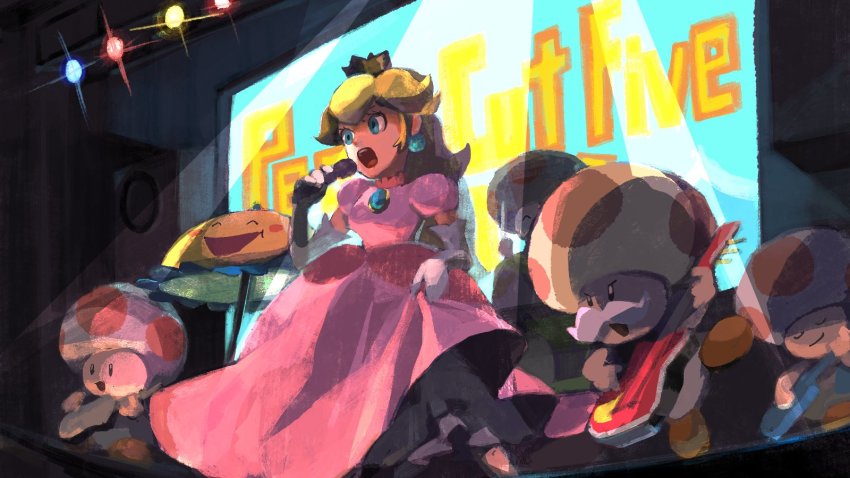 1girl :d :t ^_^ blonde_hair blue_eyes blue_umbrella blue_vest blush_stickers breasts brooch brown_footwear closed_eyes closed_mouth clothes_lift crown dress dress_lift drum drumming earrings elbow_gloves eyelashes facial_hair gloves guitar hand_up highres holding holding_instrument holding_microphone indoors instrument jewelry long_dress long_hair mario_(series) microphone monitor music mustache nintendo open_mouth parasol perry_(mario) pink_dress playing_instrument polka_dot princess princess_peach puffy_short_sleeves puffy_sleeves rinabe_(@rfufvas3phbxkxa) shoes short_sleeves small_breasts smile smirk speaker spotlight stage stage_lights super_princess_peach toad_(mario) toadsworth umbrella vest white_gloves yellow_umbrella