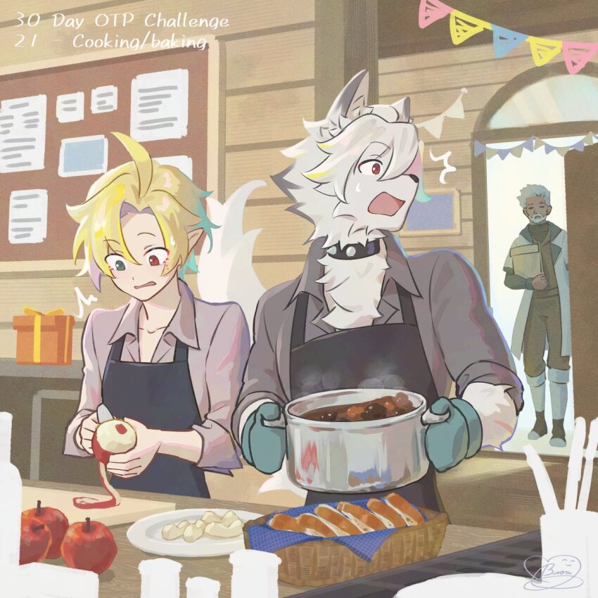 3boys animal_ears apple apron artist_logo beard black_apron blonde_hair blue_mittens box buon_zzz closed_eyes closed_mouth collar commentary cooking_pot curry english_commentary facial_hair food fruit furry furry_male gift gift_box grey_hair grey_shirt heterochromia highres holding holding_cooking_pot hugo_vlad jack_(zenless_zone_zero) logo male_focus mittens multiple_boys open_mouth oven_mitts peeling red_eyes shirt spiked_collar spikes streamers surprised tail von_lycaon von_lycaon_(young) wolf_boy wolf_ears wolf_tail zenless_zone_zero