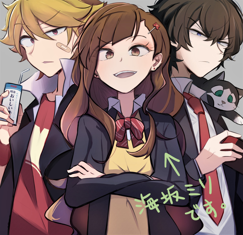 1girl 2boys :d aged_up bandaid bandaid_on_face black_cat blonde_hair blue_eyes bow brown_hair buddy_daddies cat crossed_arms drinking_straw earrings family hair_between_eyes hair_ornament hairclip handheld_game_console highres jewelry juice_box kurusu_kazuki long_hair long_sleeves multiple_boys necktie open_mouth red_bow red_necktie red_shirt russell_(rrrrrrz9) school_uniform shirt smile stud_earrings suwa_rei unasaka_miri