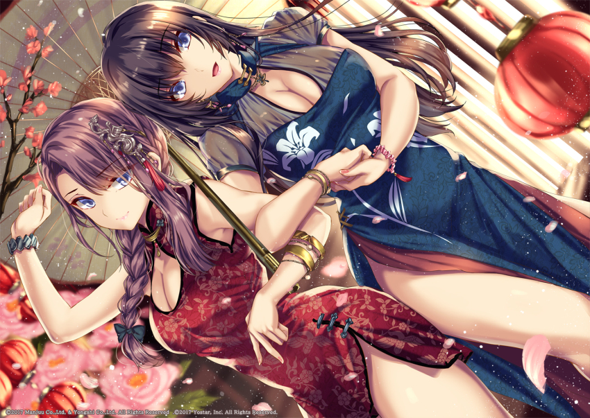 2girls :d azur_lane black_hair blue_dress blue_eyes bracelet braid branch breasts brown_hair china_dress chinese_clothes cleavage commentary_request curacoa_(azur_lane) curacoa_(eastern_grace)_(azur_lane) curlew_(azur_lane) curlew_(rhythm_of_the_dragon_empery)_(azur_lane) dress dutch_angle flower hair_between_eyes hair_ornament highres jewelry lantern large_breasts locked_arms long_sleeves looking_at_viewer monety multiple_girls official_alternate_costume oil-paper_umbrella open_mouth paper_lantern red_dress short_sleeves side_slit sleeveless sleeveless_dress smile thighs umbrella watermark