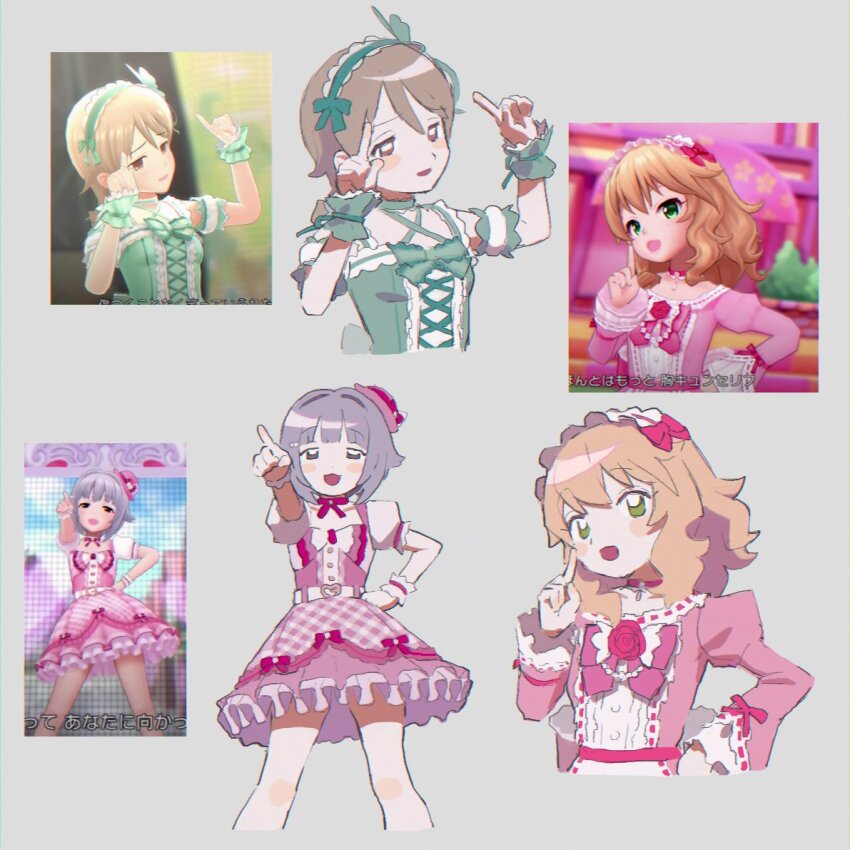 3girls :d bad_id bad_twitter_id blonde_hair brown_eyes brown_hair derivative_work dress finger_to_cheek green_eyes hair_flaps hand_on_own_hip hand_up hands_up idol idol_clothes idolmaster idolmaster_cinderella_girls index_finger_raised juliet_sleeves koshimizu_sachiko long_hair long_sleeves looking_at_viewer mill_gyu morikubo_nono multiple_girls multiple_views open_mouth pink_dress pointing pointing_at_viewer puffy_sleeves purple_hair reference_inset sakurai_momoka screenshot_redraw short_hair simple_background smile standing