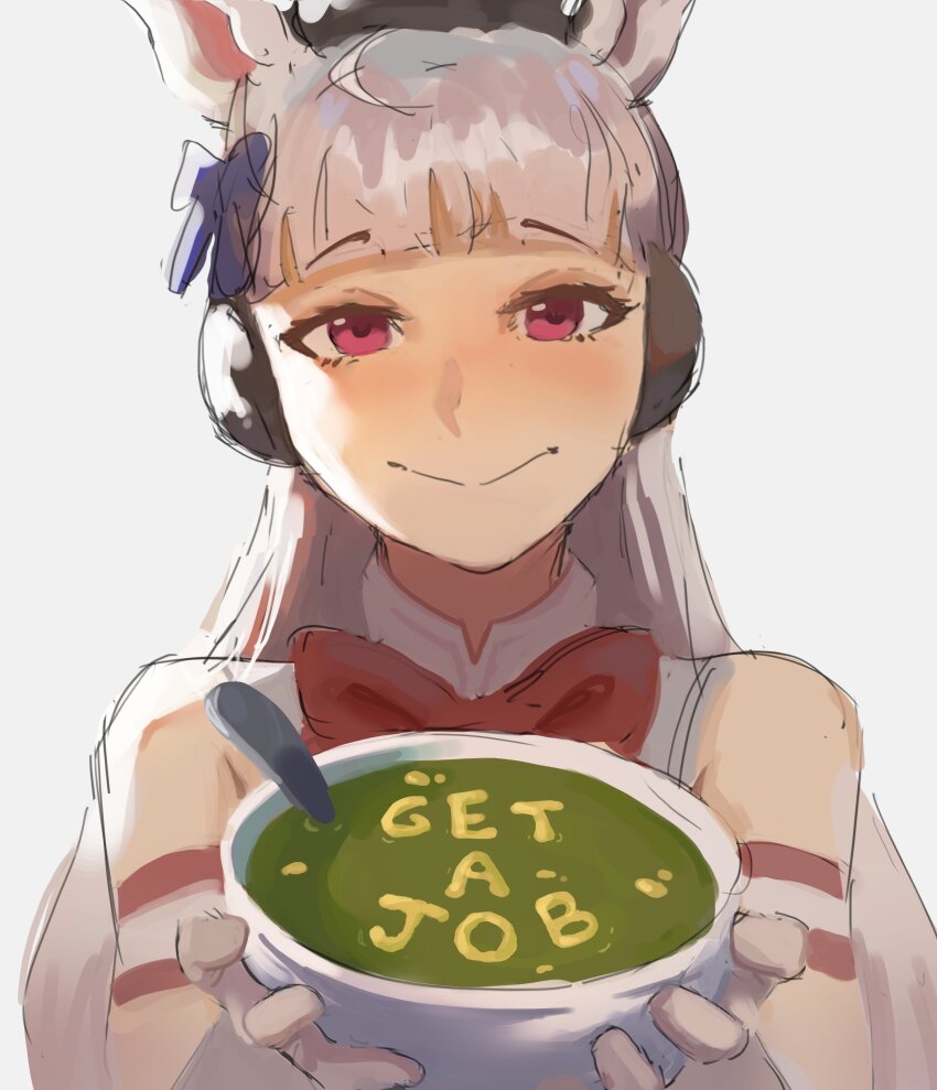 1girl absurdres alphabet_soup animal_ears armband bare_shoulders blunt_bangs blush bow bowl bowtie brown_hat closed_mouth commentary dress ear_bow english_commentary food gloves gold_ship_(red_strife)_(umamusume) gold_ship_(umamusume) grey_hair hat hexlaze highres holding holding_bowl horse_ears horse_girl long_hair looking_at_viewer pillbox_hat purple_bow purple_eyes red_bow red_bowtie red_dress simple_background sleeveless sleeveless_dress smile solo soup spongebob_squarepants_(series) spoon striped_armband striped_clothes umamusume upper_body white_gloves