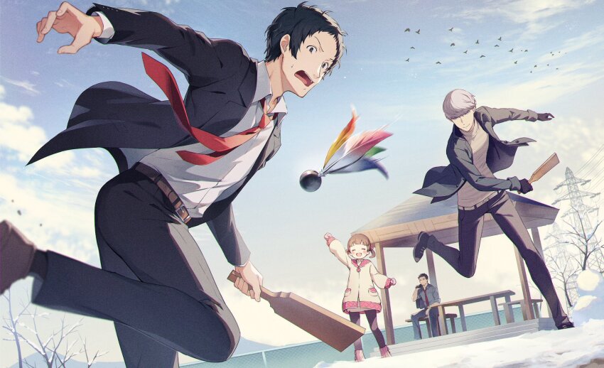 1girl 3boys :d adachi_tooru arm_up bare_tree belt belt_buckle bird black_gloves black_hair black_jacket black_leggings black_pants black_shoes blue_feathers blue_sky blush boots bow brown_belt brown_hair brown_shoes buckle business_suit cheering child closed_eyes closed_mouth coat collared_shirt commentary_request day doujima_nanako doujima_ryoutarou dress_shirt father_and_daughter feathers fence floating_clothes floating_neckwear flock formal_clothes gloves green_feathers grey_eyes grey_hair grey_shirt hagoita hair_bow hane_(hanetsuki) hanetsuki highres holding holding_paddle jacket lapels leg_up leggings long_sleeves looking_at_object multiple_boys narukami_yu necktie notched_lapels on_bench open_clothes open_jacket open_mouth outdoors paddle pants pavilion persona persona_4 pink_boots pink_bow pink_feathers pink_gloves power_lines red_necktie shirt shirt_tucked_in shoes short_hair short_twintails sitting sky smile snow snow_on_tree standing suit suit_jacket sunlight surprised sweatdrop table tree turtleneck twintails utility_pole white_belt white_coat white_shirt wing_collar winter winter_clothes winter_coat yellow_feathers yoshino_saku