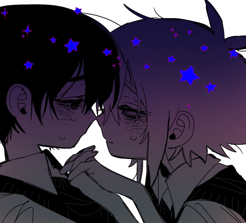 2boys antenna_hair basil_(faraway)_(omori) basil_(omori) closed_eyes closed_mouth collared_shirt crying holding_hands kobanzame_omo limited_palette looking_at_another male_focus multiple_boys omori shirt short_hair simple_background sunny_(omori) sweater_vest white_background