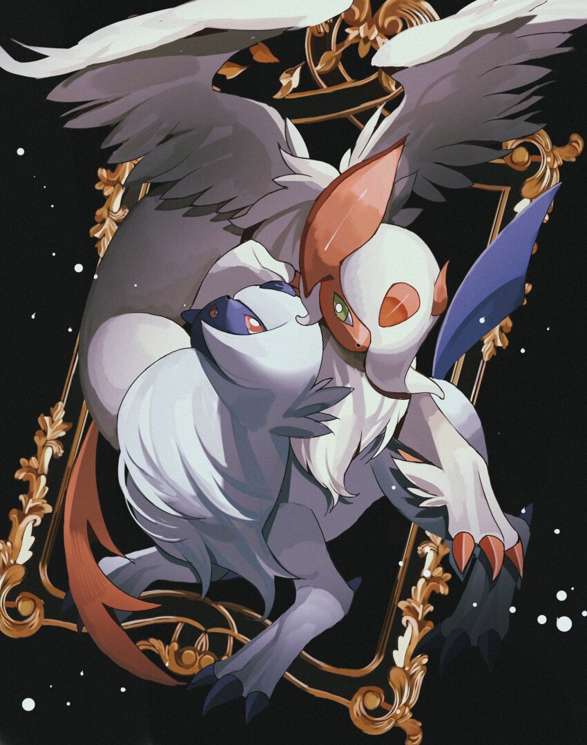 absol alternate_color animal_focus bright_pupils claws commentary_request fang feathered_wings gen_3_pokemon green_eyes highres horns mega_absol mega_pokemon nintendo no_humans open_mouth pokemon pokemon_(creature) red_eyes reo_(mmocc123) shiny_pokemon white_hair white_pupils wings