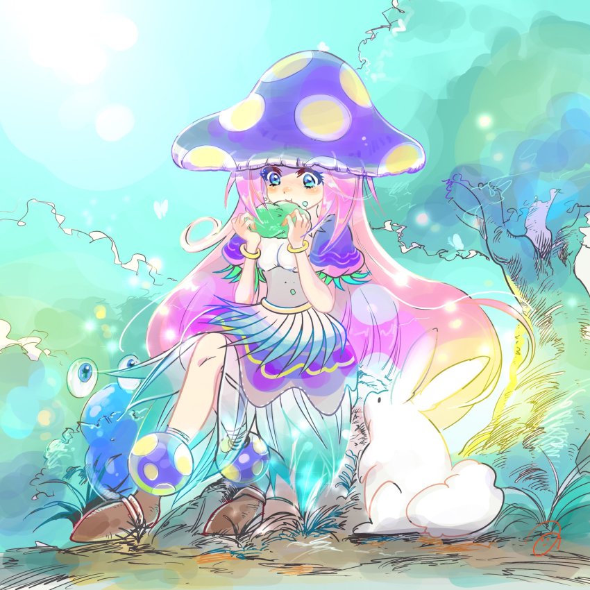 1girl anzuni_(marblefrog) blue_eyes blush breasts breath_of_fire breath_of_fire_ii rabbit eating hat highres long_hair mushroom_girl pink_hair spar