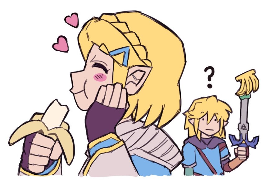2boys ayyk92 banana black_gloves blonde_hair blue_shirt blush braid cape cosplay crown_braid eating fingerless_gloves food fruit gloves hair_ornament heart holding holding_sword holding_weapon link multiple_boys nintendo pointy_ears princess_zelda princess_zelda_(cosplay) shirt sword the_legend_of_zelda the_legend_of_zelda:_tears_of_the_kingdom weapon