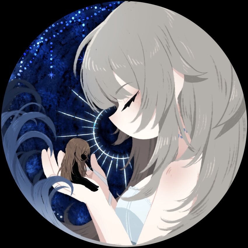 2girls absurdres breasts brown_hair carrying carrying_person choker closed_eyes commentary english_commentary from_side grey_hair highres long_hair medium_breasts mini_person minigirl multiple_girls original saccharhythm silhouette very_long_hair