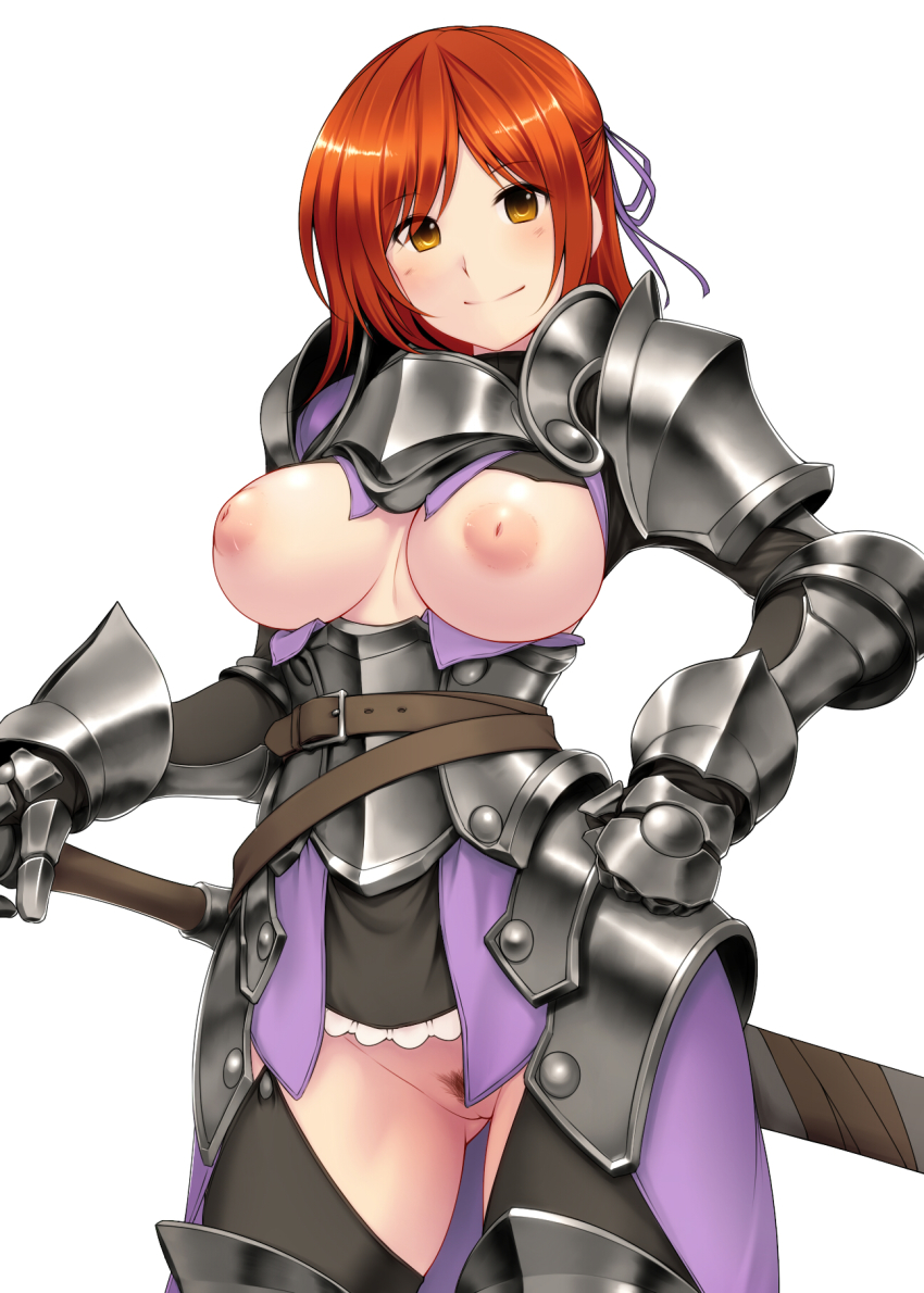 1girl armor belt blush breastless_clothes breasts breasts_apart brown_eyes casual_nudity female_focus female_knight female_pubic_hair gauntlets hair_ribbon hand_on_hilt hand_on_own_hip highres inverted_nipples knight large_areolae long_hair looking_at_viewer medium_breasts nipples no_panties original pauldrons pubic_hair puffy_nipples red_hair reverse_bikini_armor reverse_outfit ribbon sheath sheathed shoulder_armor simple_background smile solo sword tro_(trombe) weapon white_background