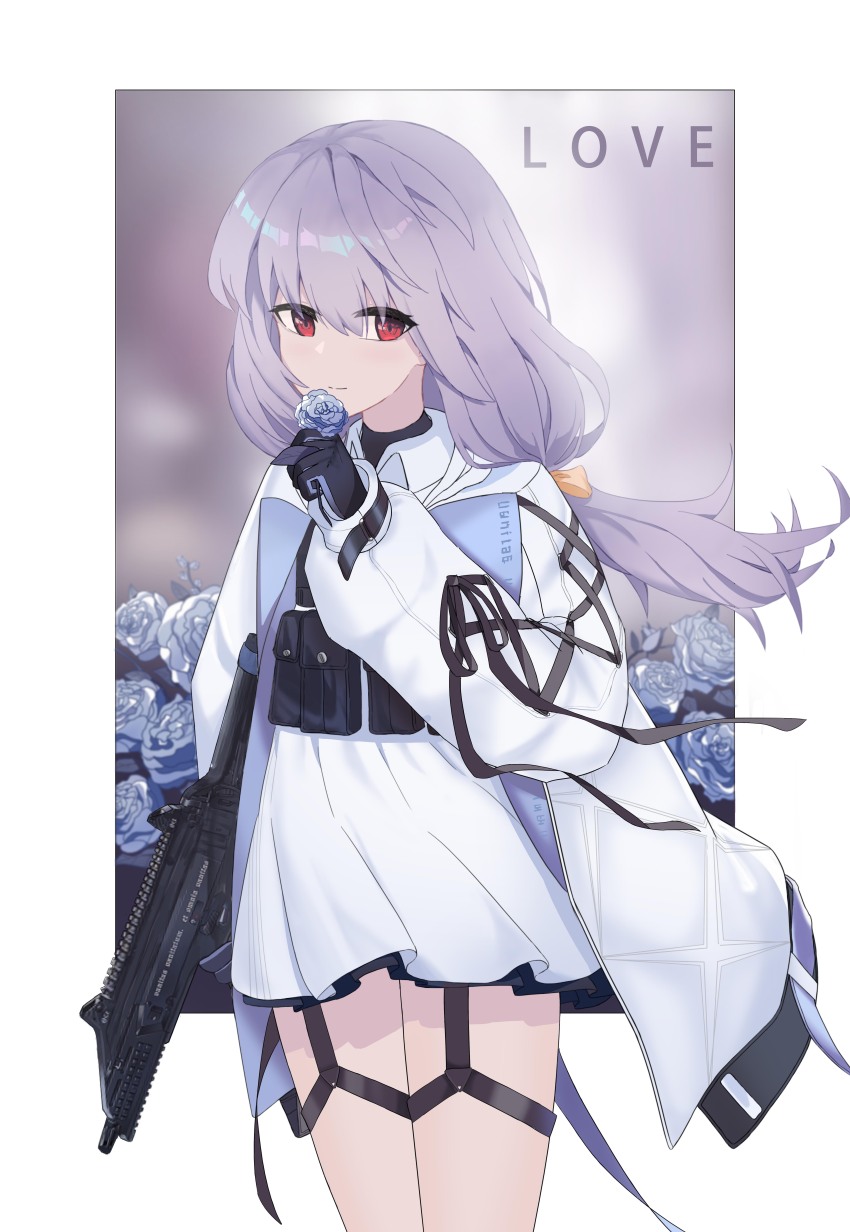 1girl absurdres atsuko_(blue_archive) black_gloves blue_archive closed_mouth collared_dress commentary cz_scorpion_evo_3 dress flower gloves grey_flower grey_hair grey_rose gun hair_between_eyes highres holding holding_flower holding_gun holding_weapon hui_yu_yu_yu_ye jacket long_hair long_sleeves looking_at_viewer open_clothes open_jacket pleated_dress puffy_long_sleeves puffy_sleeves red_eyes rose sleeves_past_wrists smile solo symbol-only_commentary very_long_hair weapon white_dress white_jacket