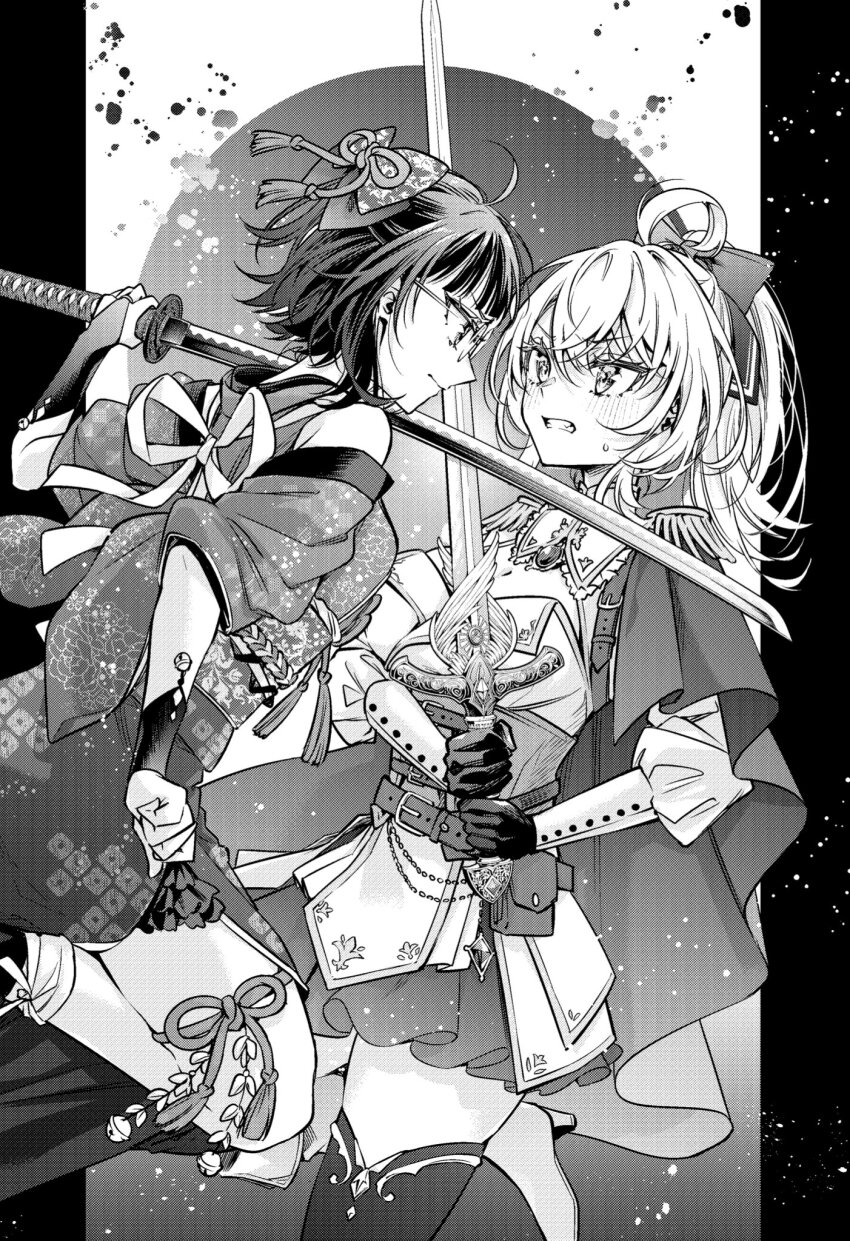 2girls alisa_mikhailovna_kujou armor bare_shoulders clenched_teeth commentary_request cowboy_shot crossed_swords glasses gloves greyscale hair_ornament highres holding holding_sword holding_weapon japanese_clothes katana long_hair monochrome multiple_girls official_art one_eye_closed short_hair skirt sword sword_clash taniyama_sayaka teeth tenacitysaho thighhighs tokidoki_bosotto_roshia-go_de_dereru_tonari_no_alya-san two-handed weapon