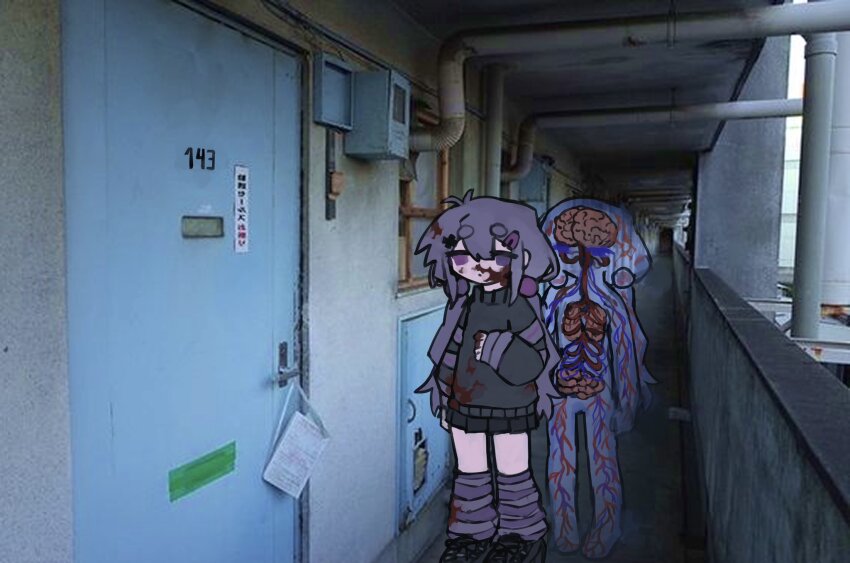 1girl black_footwear black_skirt black_sweater brain full_body highres iewa intestines long_hair low_twintails lungs nervous_system original outdoors photo_background pleated_skirt purple_eyes purple_hair purple_skirt shoes skirt striped_sleeves surreal sweater twintails very_long_hair