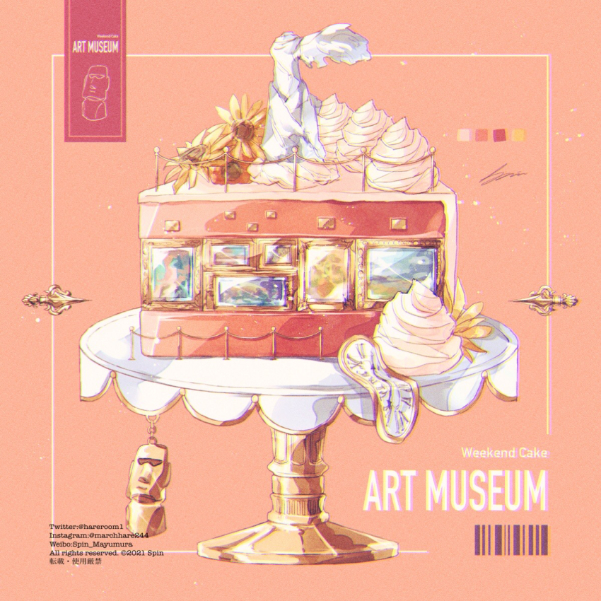 art_gallery barcode cake cake_slice clock flower food food_focus highres instagram_username moai museum no_humans orange_background original painting_(object) spin_mayumura stanchion statue twitter_username whipped_cream