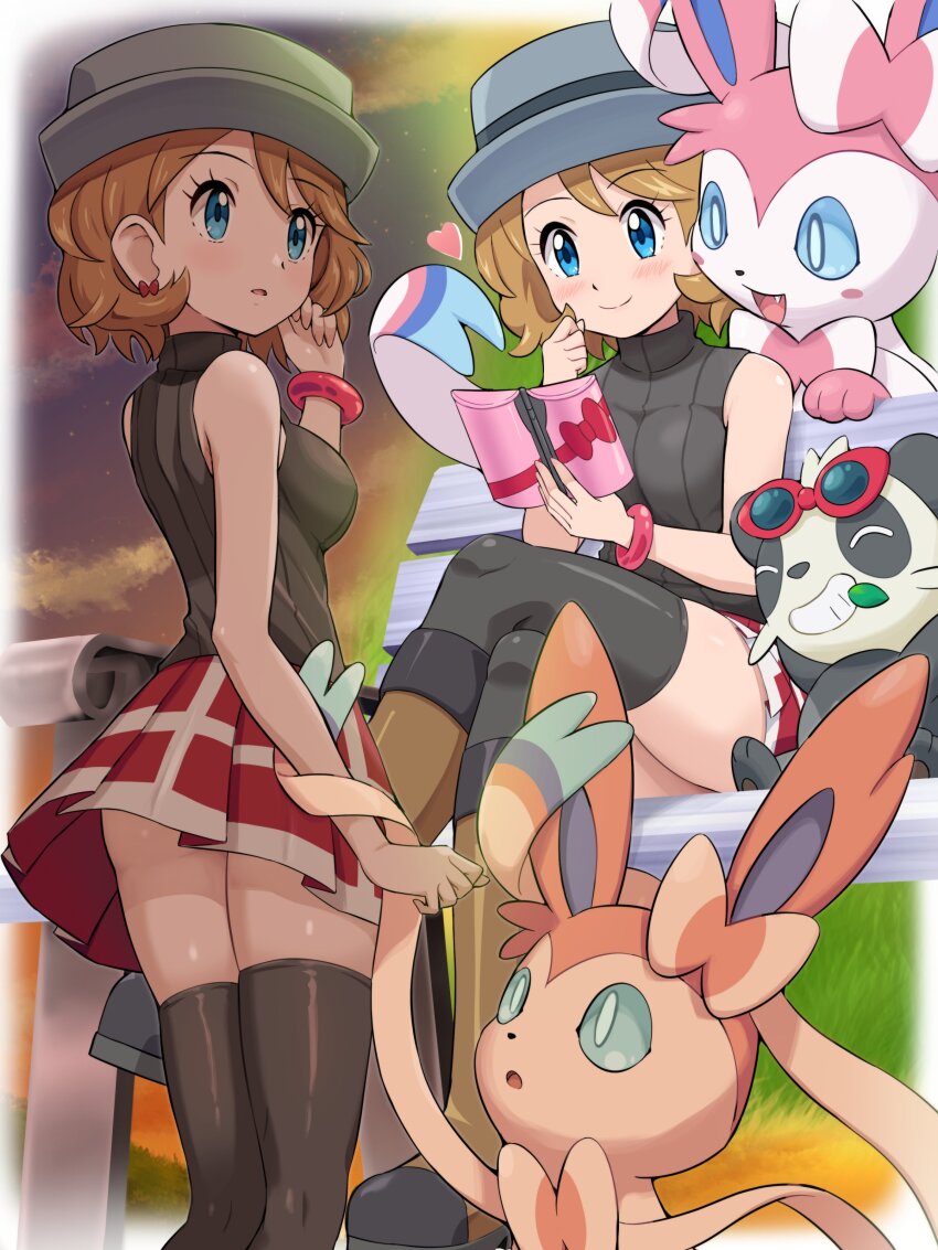 absurdres black_thighhighs blonde_hair blue_eyes blush gen_6_pokemon grey_hat hat highres nintendo pancham pokemoa pokemon pokemon_(anime) pokemon_(creature) pokemon_swsh pokemon_swsh105 red_skirt serena_(pokemon) short_hair skirt sleveless_shirt smile sunglasses sylveon thighhighs