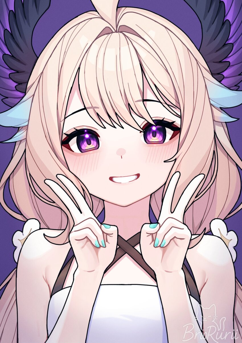 1girl ahoge aqua_nails armpit_crease artist_name bare_shoulders blonde_hair blush briorurii double_v dress enna_alouette enna_alouette_(1st_costume) grin head_wings highres looking_at_viewer low_twintails nijisanji nijisanji_en purple_background purple_eyes sleeveless sleeveless_dress smile solo twintails v virtual_youtuber wings