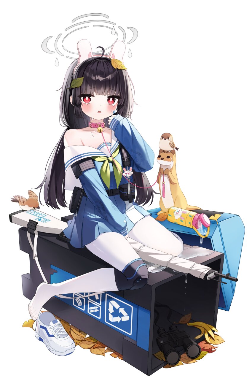 1girl absurdres animal_ear_hairband animal_ears blue_archive blue_shirt blue_skirt blunt_bangs blush chie_(wendy9537) fake_animal_ears green_ribbon gun hairband highres long_hair looking_at_viewer miyu_(blue_archive) open_mouth pantyhose purple_hair rabbit_ear_hairband rabbit_ears red_eyes ribbon sailor_collar shirt sidelocks skirt solo weapon white_background white_hairband white_pantyhose white_sailor_collar