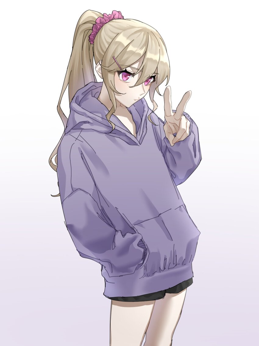 1girl arm_up blonde_hair cowboy_shot gradient_background hair_between_eyes hair_ornament hair_scrunchie hand_in_pocket highres hood hoodie legs long_hair long_sidelocks miyano_(user_nhea8337) nose original parted_lips pink_eyes pink_scrunchie ponytail purple_background purple_hoodie scrunchie short_shorts shorts sidelocks simple_background v white_background