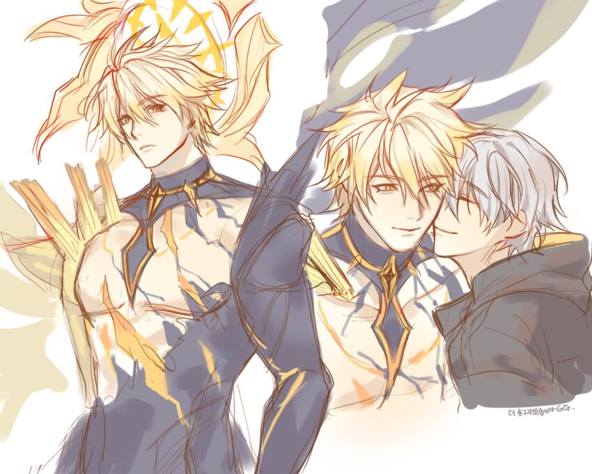 2boys after_kiss armor black_bodysuit black_coat blonde_hair body_markings bodysuit caelus_(honkai:_star_rail) closed_eyes closed_mouth coat collarbone grey_hair hair_between_eyes halo halo_behind_head highres honkai:_star_rail honkai_(series) hood hooded_coat looking_at_another looking_at_viewer male_focus multiple_boys multiple_views muscular muscular_male official_alternate_eye_color official_alternate_hair_color pectorals phainon_(honkai:_star_rail) phainon_(khaslana)_(honkai:_star_rail) short_hair shoulder_armor shoulder_spikes simple_background smile spikes ss88ss standing trailblazer_(honkai:_star_rail) upper_body white_background wings yaoi yellow_eyes