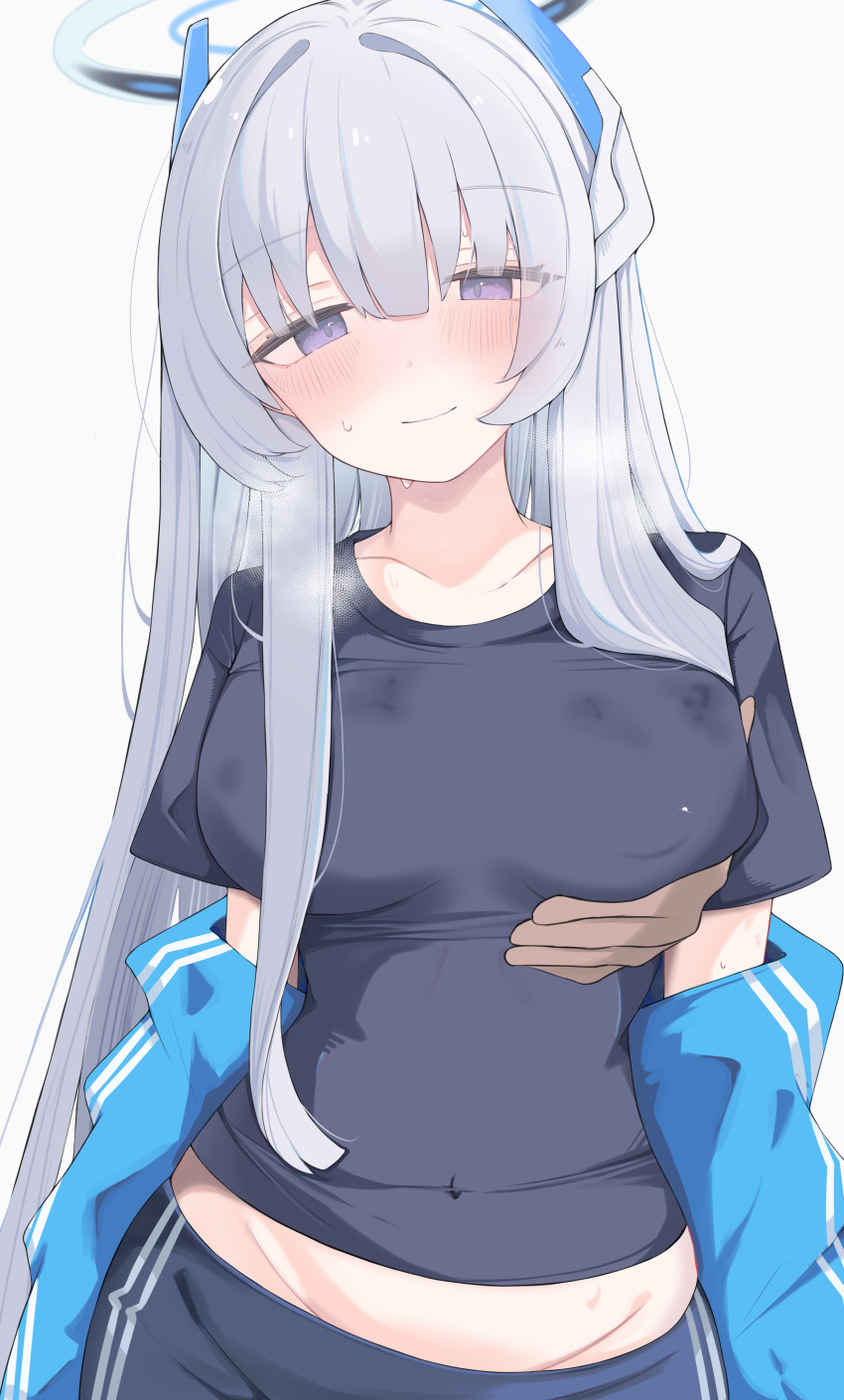 1boy 1girl absurdres black_shirt blue_archive blue_jacket breasts breath collarbone commentary covered_navel disembodied_hand grabbing_another&#039;s_breast grabbing_from_behind grey_hair groin groping halo headgear highres jacket jacket_partially_removed large_breasts long_hair looking_at_viewer noa_(blue_archive) nui_(nuinui0300) official_alternate_costume shirt simple_background solo straight_hair track_jacket very_long_hair white_background