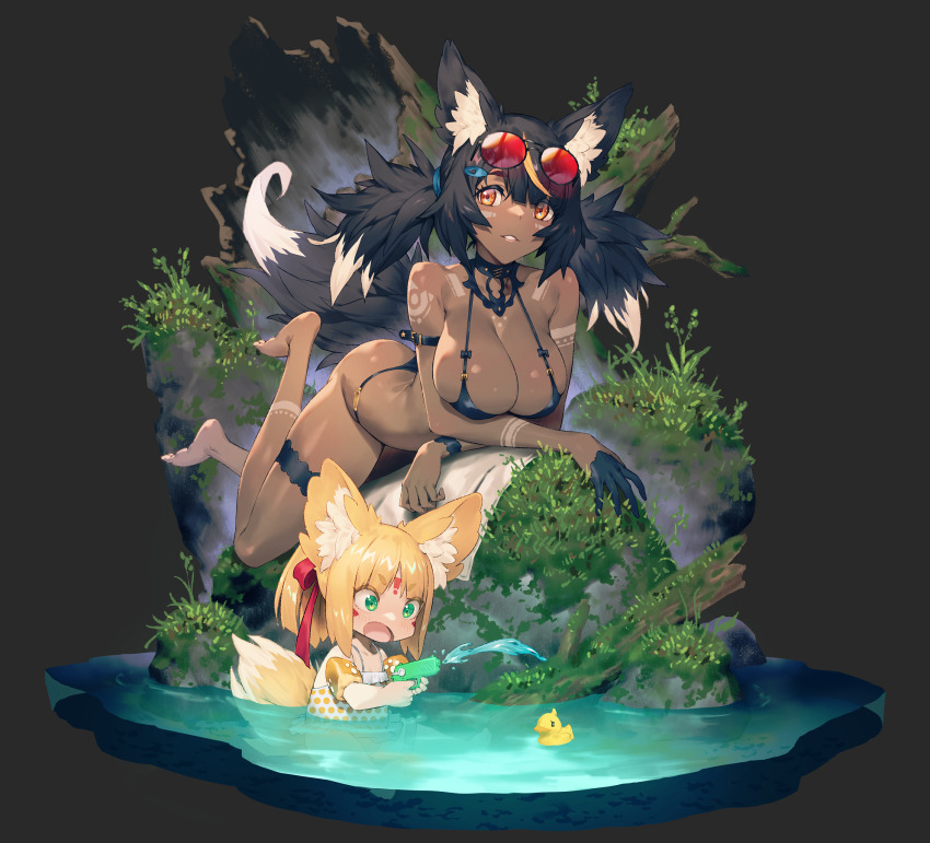 2girls animal_ear_fluff animal_ears arm_tattoo barefoot bikini black-framed_eyewear black_bikini black_hair blonde_hair blush chyko dark-skinned_female dark_skin dress_swimsuit eyewear_on_head facial_tattoo faux_figurine forehead_tattoo frilled_one-piece_swimsuit frills full_body green_eyes grey_background grin hair_ornament hair_ribbon hairclip highres holding holding_water_gun leg_tattoo looking_at_viewer lying medium_hair multicolored_hair multiple_girls on_stomach one-piece_swimsuit open_mouth original polka_dot_one-piece_swimsuit red-tinted_eyewear red_ribbon ribbon rock rubber_duck simple_background sitting smile streaked_hair sunglasses swimsuit tail tattoo tinted_eyewear twintails two-tone_one-piece_swimsuit water water_gun white_one-piece_swimsuit yellow_one-piece_swimsuit