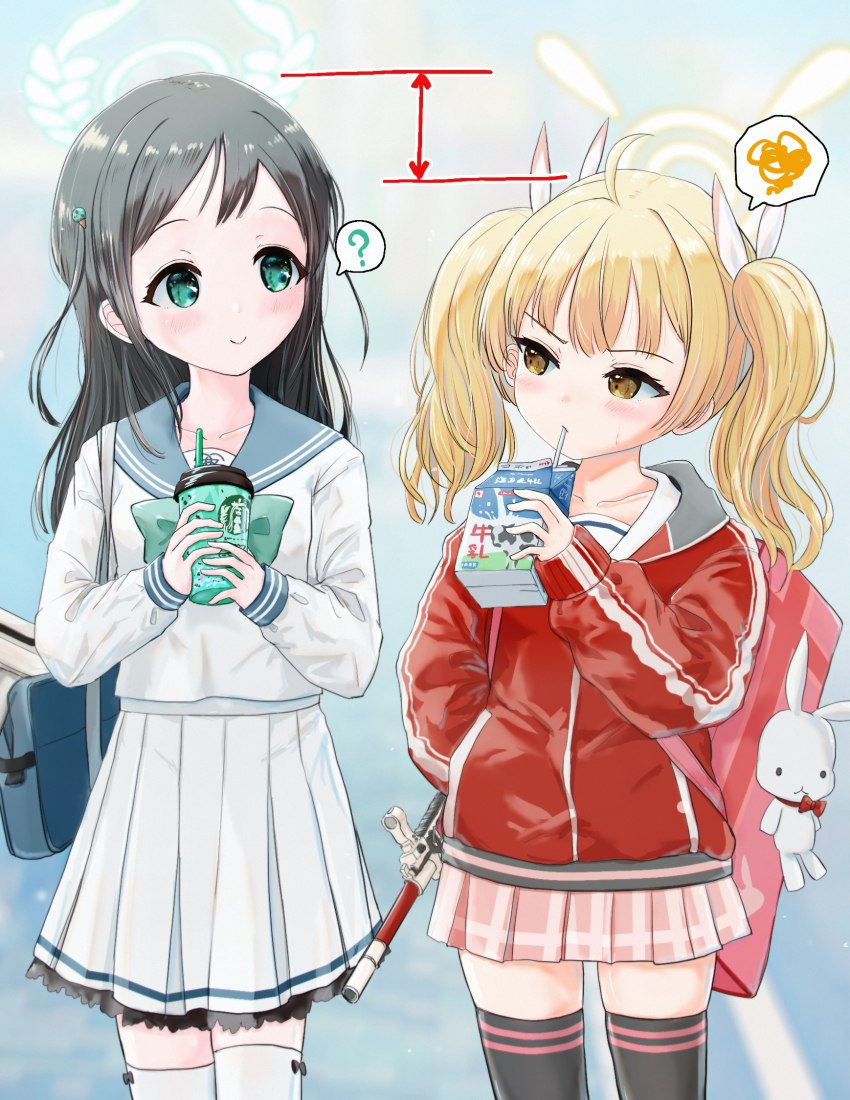 2girls ahoge airi_(blue_archive) black_hair black_thighhighs blonde_hair blue_archive brown_eyes commentary_request drinking food-themed_hair_ornament green_eyes green_halo hair_ornament hair_ribbon halo height_difference height_envy highres ice_cream_hair_ornament jacket long_hair long_sleeves milk_carton multiple_girls pink_skirt plaid_clothes plaid_skirt pleated_skirt red_jacket ribbon satsukimika school_uniform serafuku skirt thighhighs twintails white_serafuku white_thighhighs yellow_halo yoshimi_(blue_archive)