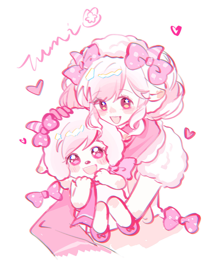 1girl animal animal_ears blush bow bowtie brown_eyes clothed_animal collared_dress cosplay cropped_torso crossover double_bun dress eyelashes frilled_dress frills fur_hat fur_shirt gloves goat goat_ears goat_girl goat_horns hair_bow hair_bun hat highres holding holding_animal horns jianuannuannuan looking_at_another medium_hair mei_yangyang mei_yangyang_(cosplay) nikki_(nikki) nikki_(series) open_mouth petting pinafore_dress pink_bow pink_bowtie pink_dress pink_gloves pink_hair pink_horns pink_scarf pink_snowprint_(shining_nikki) pink_theme polka_dot polka_dot_bow procreate_(medium) puffy_short_sleeves puffy_sleeves ringlets scarf shining_nikki shirt short_hair short_sleeves simple_background sleeveless sleeveless_dress small_horns smile striped_horns swept_bangs tareme teeth upper_teeth_only ushanka white_background white_hat white_shirt xiyangyang_yu_huitailang
