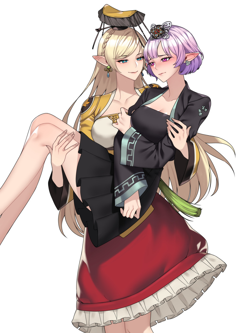 2girls absurdres blonde_hair breasts carrying carrying_person hanbok highres korean_clothes kuuky large_breasts lucid_(maplestory) maplestory mercedes_(maplestory) multiple_girls pointy_ears purple_hair skirt white_background