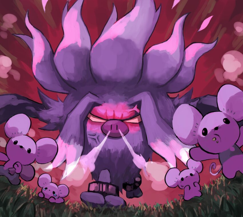 anger_vein angry animal_focus annihilape commentary eve_malus fleeing grey_fur highres maushold maushold_(family_of_four) mouse_(animal) nintendo no_humans on_grass outdoors pokemon pokemon_(creature) red_background running solid_oval_eyes steam steam_from_nose symbol-only_commentary tears