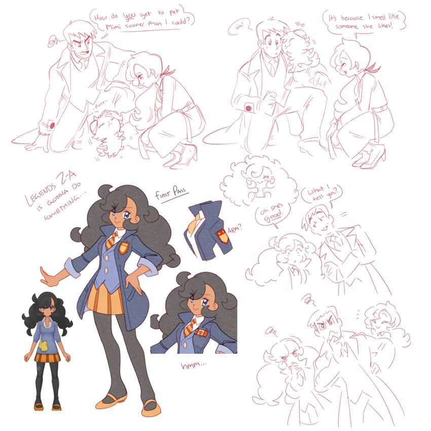 1boy 2girls alternate_costume anabel_(pokemon) black_hair blue_coat blue_eyes coat dark-skinned_female dark_skin diagonal-striped_clothes diagonal-striped_necktie emma_(pokemon) english_text espurr gen_6_pokemon hand_on_own_chin heart highres imitating looker_(pokemon) multiple_girls necktie nintendo open_clothes open_coat petting pokemon pokemon_legends:_z-a pokemon_masters_ex pokemon_sm pokemon_xy reference_inset simple_background squiggle striped_clothes vergolophus white_background