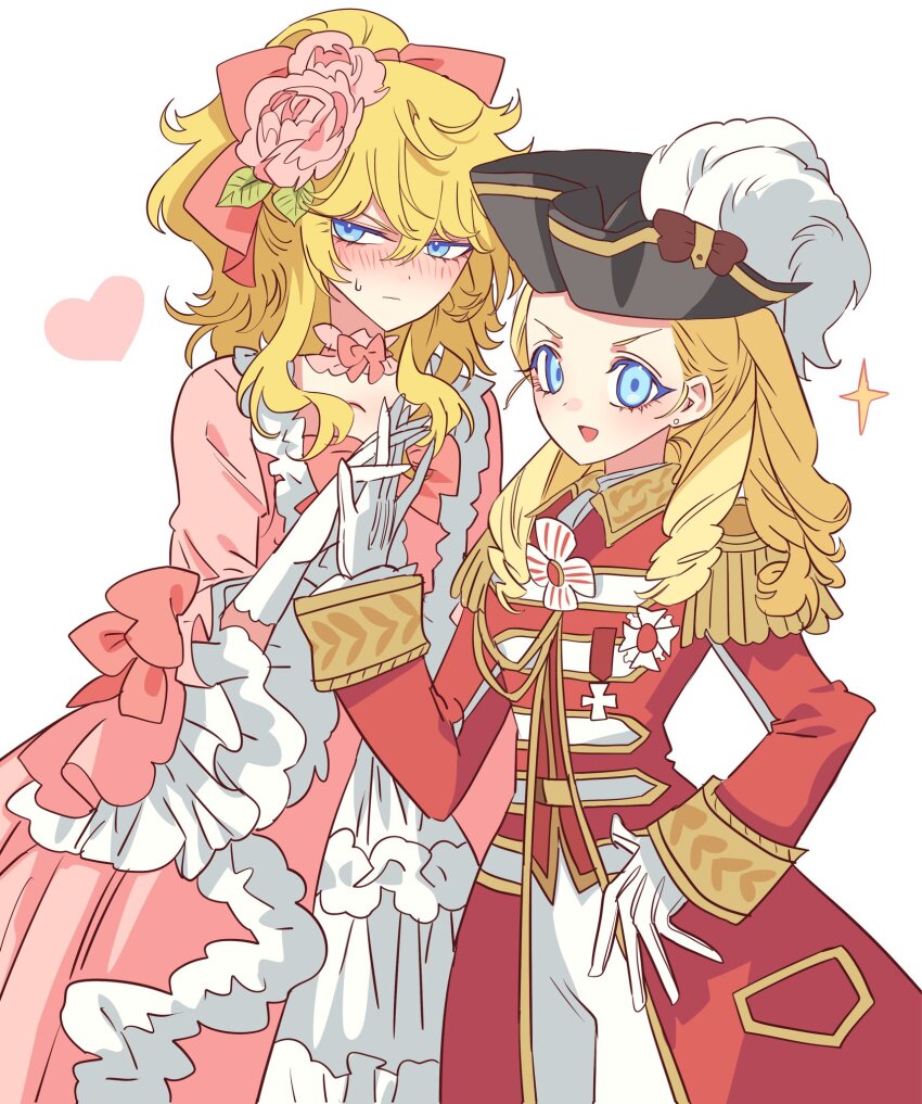 2girls blonde_hair blue_eyes blush bow choker closed_mouth cosplay costume_switch dress embarrassed flower frilled_dress frills gloves hair_between_eyes hair_bow hair_flower hair_ornament hand_on_own_hip highres interlocked_fingers jacket long_dress long_hair long_sleeves marie_antoinette_(versailles_no_bara) meremero multiple_girls oscar_francois_de_jarjayes pink_bow pink_choker pink_dress pink_flower ponytail red_jacket simple_background versailles_no_bara white_background white_gloves