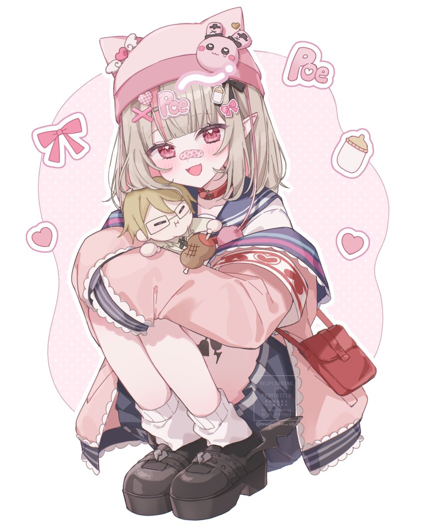 1boy 1girl :d :i =_= absurdres animal_collar animal_hat armband baby_bottle bag bandaid bandaid_on_face bandaid_on_nose beanie black_ribbon blonde_hair blue_sailor_collar blue_skirt blunt_bangs blush boned_meat bottle brown_hair cat_hat character_doll closed_mouth collar commentary crossover danganronpa_(series) danganronpa_2:_goodbye_despair demon_wings doll fat fat_man food food_print fruit_print full_mouth glasses hair_ornament hair_ribbon hat heart heart_hair_ornament highres holding holding_food hugging_doll hugging_object jacket leg_tattoo long_sleeves looking_at_viewer loose_socks makaino_ririmu makaino_ririmu_(4th_costume) mascot meat medium_hair miniskirt mugichoco multicolored_hair nijisanji off_shoulder official_alternate_hair_length official_alternate_hairstyle open_clothes open_jacket open_mouth outline pink_hair pink_jacket pink_ribbon platform_footwear pleated_skirt pointy_ears polka_dot polka_dot_background rectangular_eyewear red_bag red_collar red_eyes ribbon sailor_collar sailor_shirt satchel school_uniform serafuku shirt simple_background skirt sleeves_past_fingers sleeves_past_wrists smile socks solo_focus squatting strawberry_print streaked_hair tattoo togami_byakuya_(danganronpa_2) two-tone_hair virtual_youtuber white_background white_outline white_socks winged_footwear wings x_hair_ornament