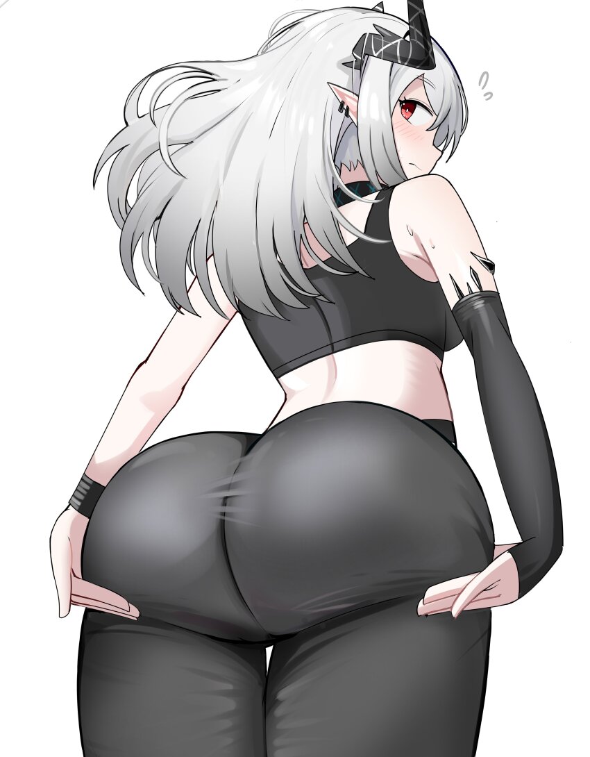 1girl absurdres arknights ass ass_support bare_shoulders black_horns black_leggings black_sports_bra bright_pupils closed_mouth cowboy_shot crop_top flying_sweatdrops from_behind from_below grey_hair highres horns infection_monitor_(arknights) leggings long_hair looking_at_viewer looking_back material_growth median_furrow mudrock_(arknights) oripathy_lesion_(arknights) pointy_ears profile red_eyes simple_background sleeveless solo spam_(spamham4506) sports_bra standing thigh_gap white_background white_pupils