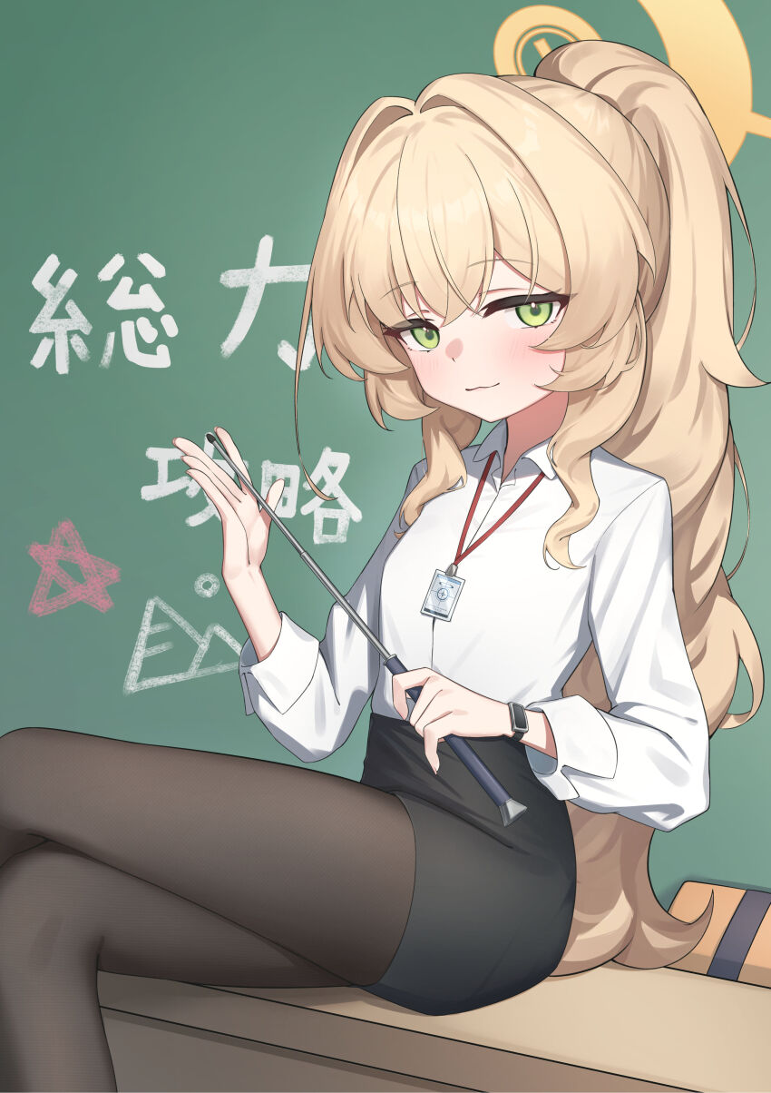 1girl absurdres blonde_hair blue_archive chalkboard ciza_gomi desk fluffy_hair formal_clothes green_eyes halo highres holding holding_pointer lanyard long_hair office_lady on_desk pantyhose pencil_skirt pointer ponytail professor_niyaniya_(blue_archive) professor_niyaniya_(teacher)_(blue_archive) sitting skirt skirt_suit suit yellow_halo